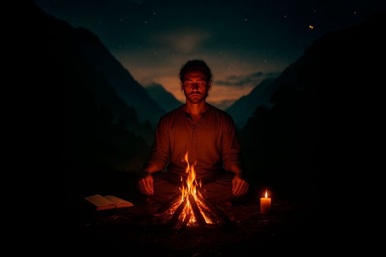 A man meditates alone by a small campfire at night in the mountains, illuminated by warm firelight and a candle, representing introspection and inner awakening on the path of self-discovery.