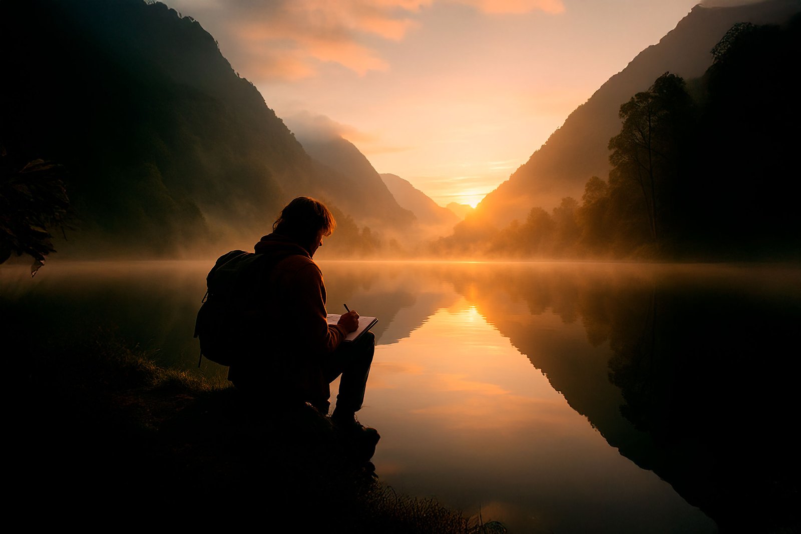A lone traveler sits beside a calm mountain lake at sunrise, writing in a journal as golden light reflects across the mist-covered water and surrounding peaks, creating a serene and introspective atmosphere.