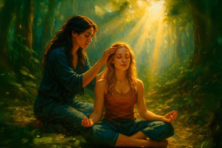 A therapist gently applies Access Bars technique to a meditating woman in a serene forest clearing, with golden sunlight streaming through the trees—capturing the peaceful, healing energy of this gentle practice as integrated in Avalon retreats.