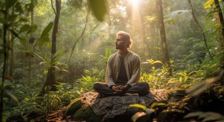 A man sitting in the jungle with an introspective gaze