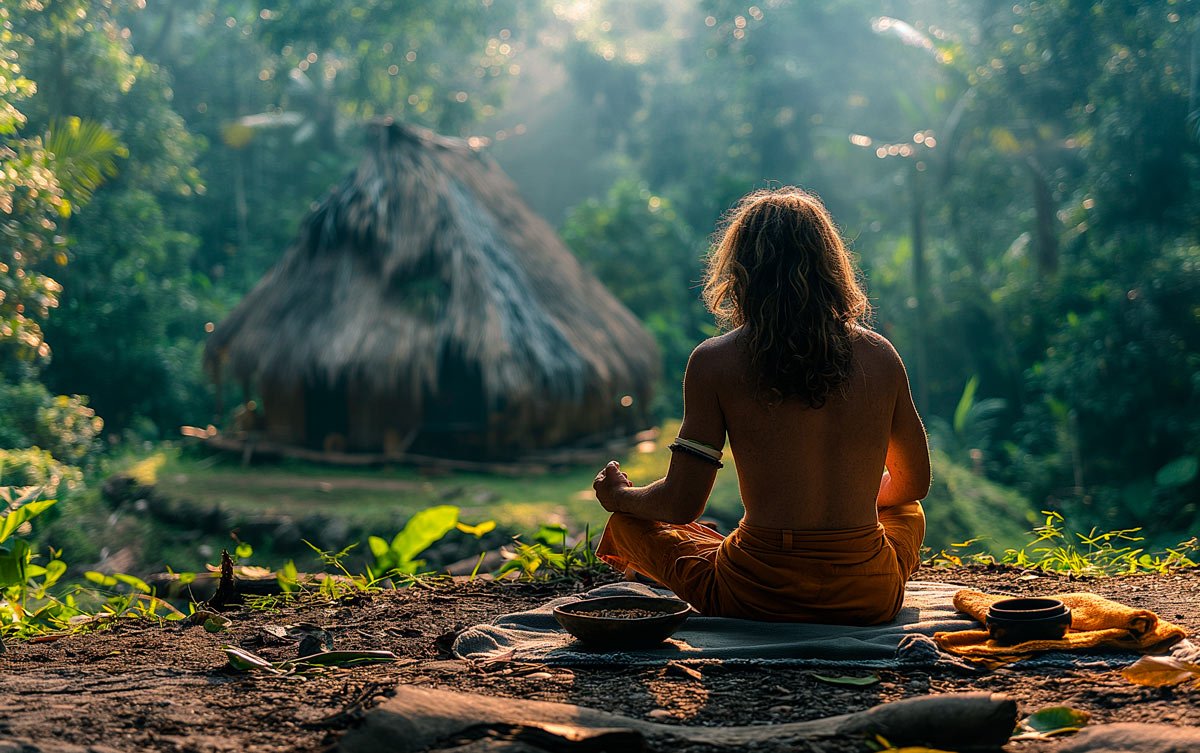 Ayahuasca dieta - Getting intimate with Ayahuasca 1 Ayahuasca dieta retreat - person meditating in Amazon rainforest traditional hut spiritual cleansing