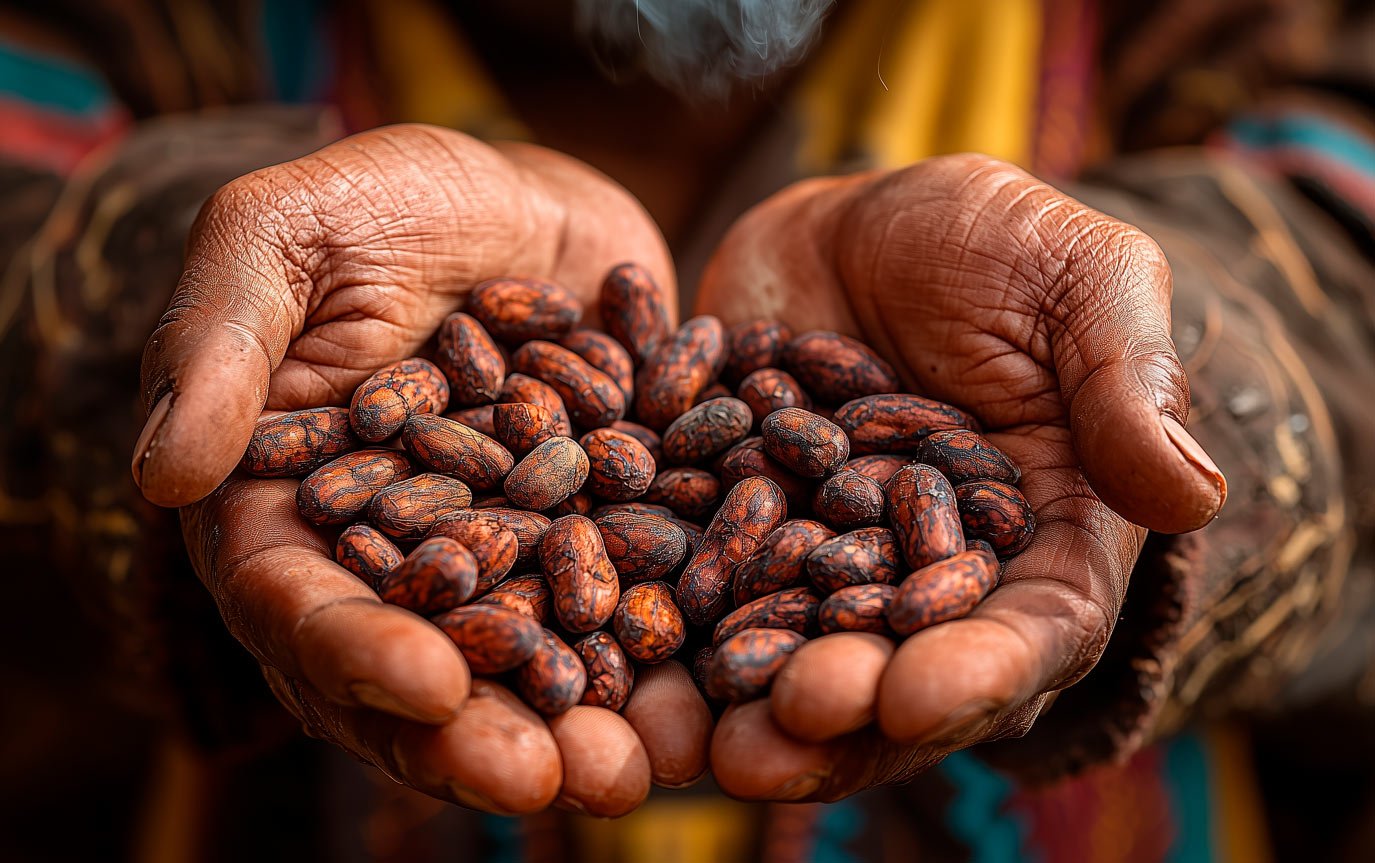 Close-up of a person's weathered hands holding freshly harvested cacao beans, showing rich brown and reddish tones.