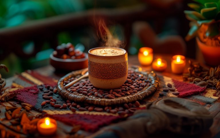 A steaming traditional cacao drink served in a rustic cup surrounded by cacao beans, candles, and indigenous decorative elements.
