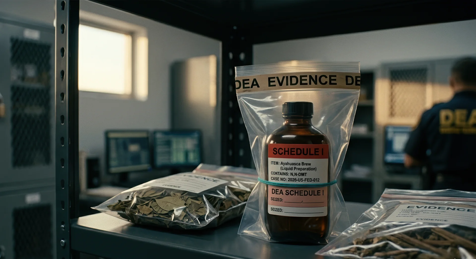 Is Ayahuasca legal in the US? 1 An evidence bag labeled 'DEA EVIDENCE' contains a brown glass bottle marked 'SCHEDULE I' and 'Ayahuasca Brew'. Beside it sits another bag containing dried plant material, set against the background of a laboratory or evidence room.