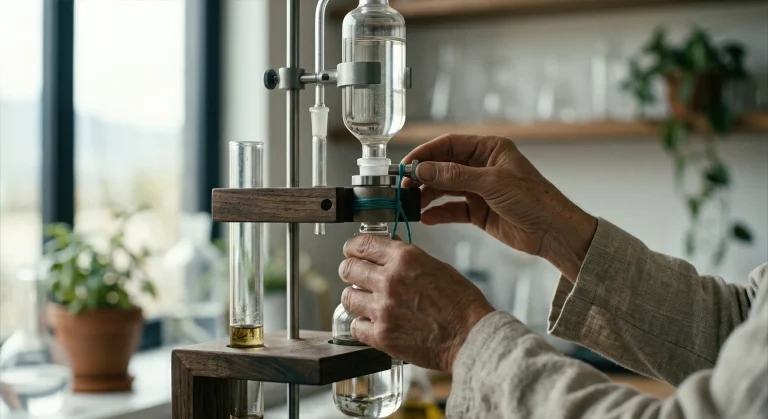 Two researchers in white lab coats work in a well-equipped laboratory. One holds a glass flask containing a yellowish liquid, while the other observes through a microscope. In the foreground, a bottle labeled 'AYAHUASCA' sits on the counter.