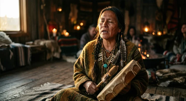 A woman sitting on the floor singing with closed eyes while playing a frame drum with a mallet, wearing traditional clothing and necklaces inside a dimly lit wooden room.
