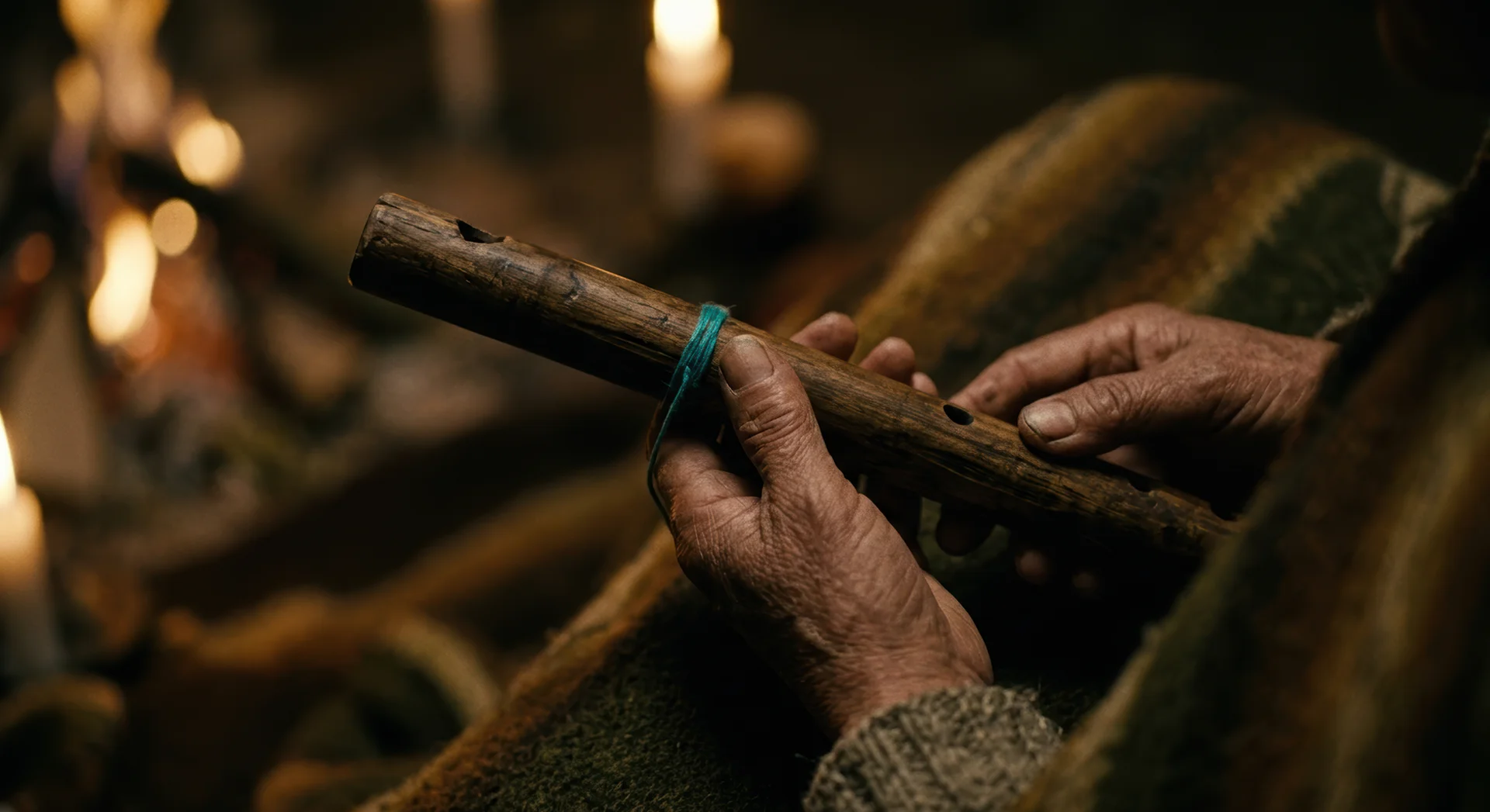 Close-up of hands holding a handcrafted wooden flute with a blue thread tied around it, in a warm setting lit by candles and firelight.