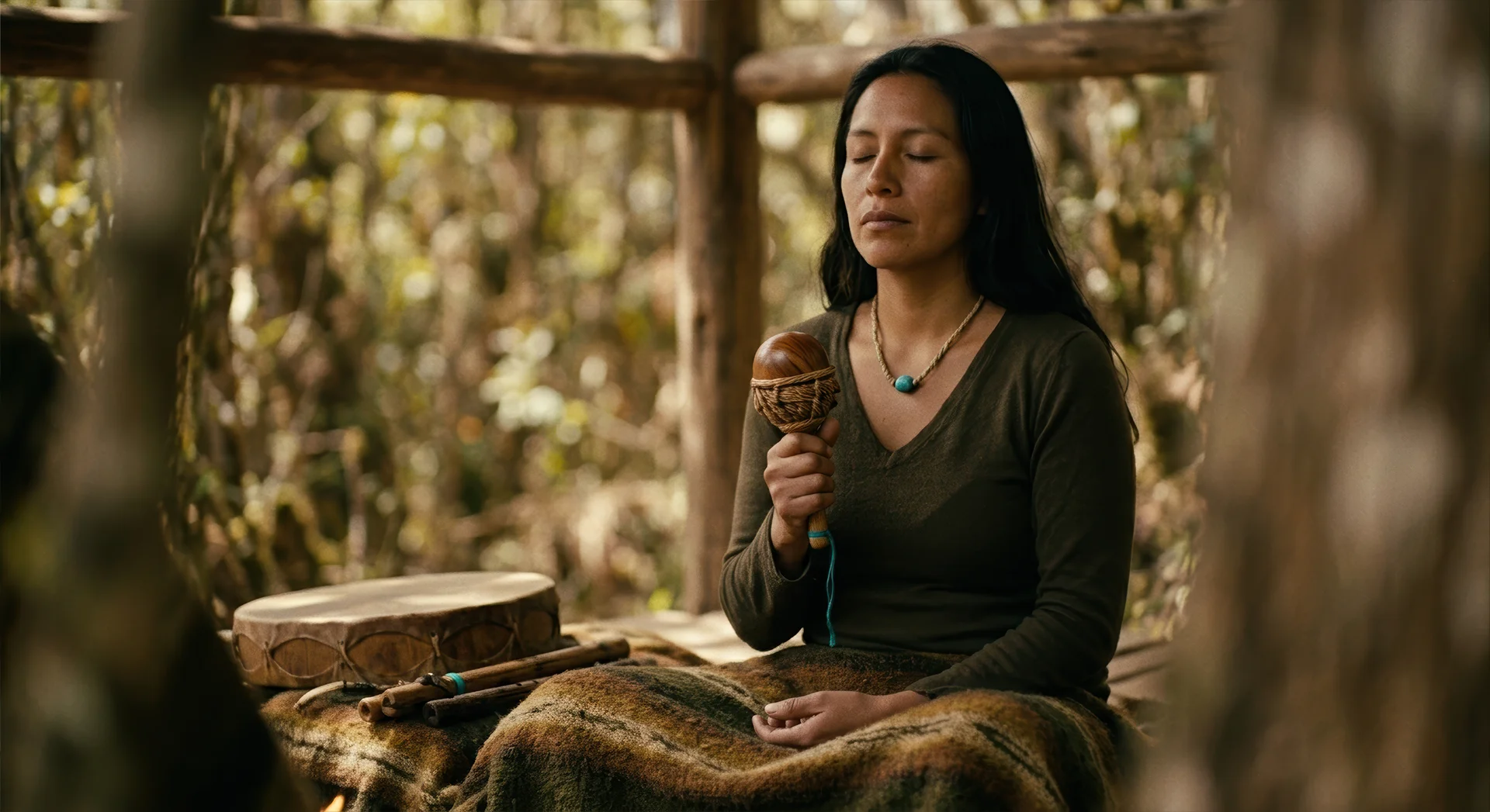 woman sitting with her eyes closed in a meditative pose, holding a wooden rattle. A frame drum and flutes rest on a blanket beside her in an outdoor wooded setting.