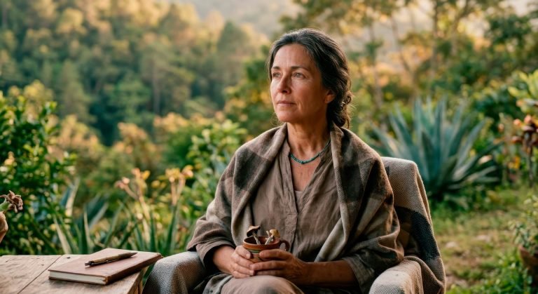 An intimate, thoughtful portrait of a retreat participant in a contemplative moment.