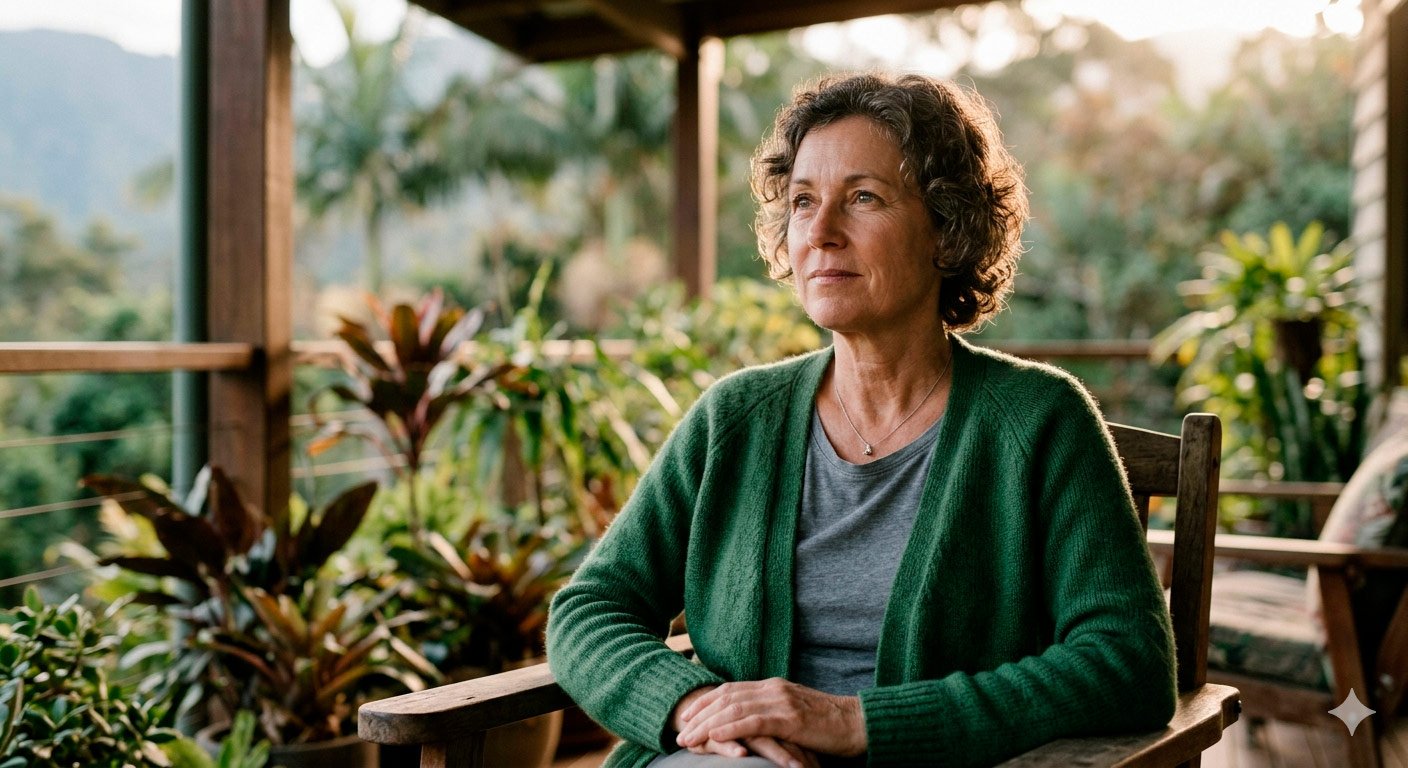Psilocybin for depression – Can Magic Mushrooms help? 1 An intimate, thoughtful portrait of a retreat participant in a contemplative moment.