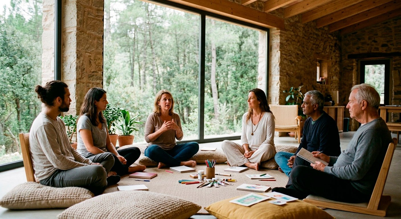 Psilocybin for depression – Can Magic Mushrooms help? 3 Six to eight participants of diverse ages and backgrounds are seated in a comfortable circle on floor cushions and wooden chairs in a rustic-modern communal space with large windows overlooking a lush forest.
