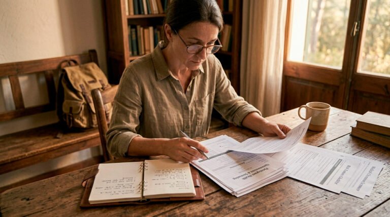 A woman wearing glasses and a linen shirt sits at a rustic wooden desk, carefully reviewing and filling out forms titled "Participant Health Questionnaire & Screening". An open notebook, a pen, and a mug are on the table in a warm, sunlit room with bookshelves in the background.