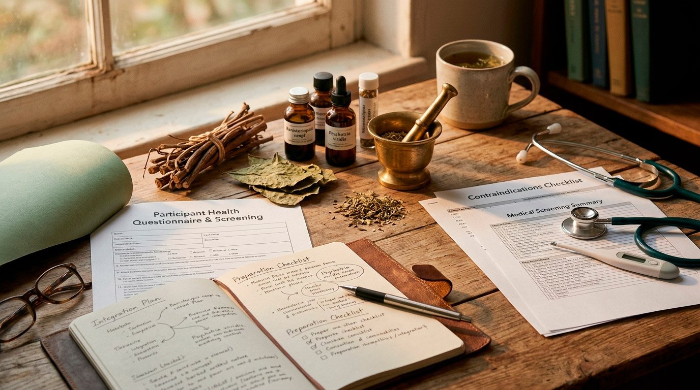 Is Ayahuasca safe? An unbiased look at the real risks 1 A wooden table next to a window covered with medical and herbal preparation items. It features documents titled "Participant Health Questionnaire & Screening" and "Contraindications Checklist", an open leather notebook with handwritten notes, a stethoscope, a thermometer, a brass mortar and pestle, small bottles of herbal extracts, and dried roots.