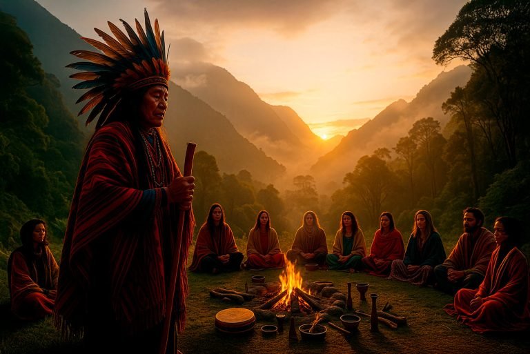Sunrise San Pedro ceremony in the Andes, an elder shaman in a colorful feather crown and poncho stands beside a circle of participants seated around a fire, with misty mountains in the background.