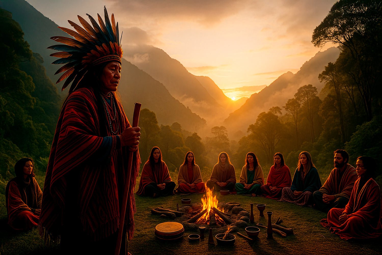 Sunrise San Pedro ceremony in the Andes, an elder shaman in a colorful feather crown and poncho stands beside a circle of participants seated around a fire, with misty mountains in the background.