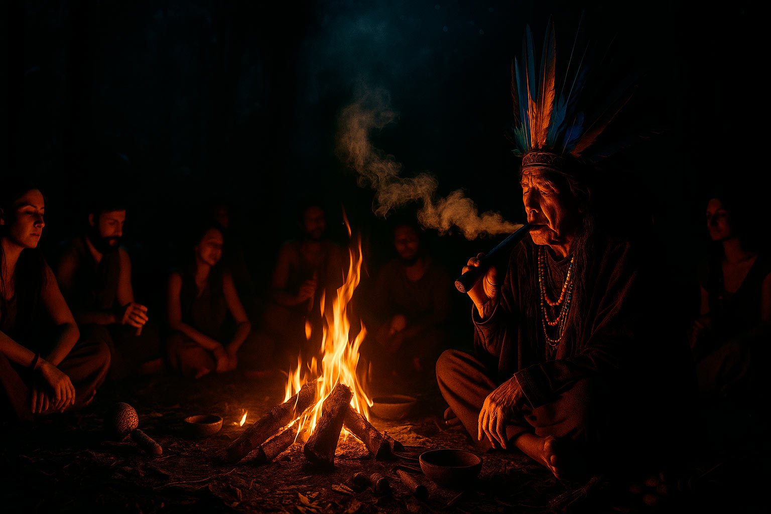 Nighttime Ayahuasca ceremony in the jungle, a shaman wearing a feather headdress exhales smoke from a mapacho pipe while participants sit in a circle around a glowing fire.