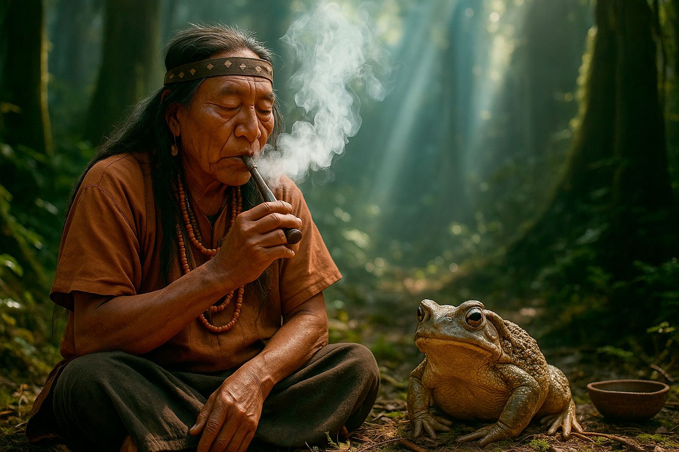 Shaman performing a traditional Bufo Alvarius ceremony in a forest, with smoke rising and the Bufo toad present—capturing the sacred atmosphere of ancestral medicine as honoured in Avalon retreats at weareavalon.love.